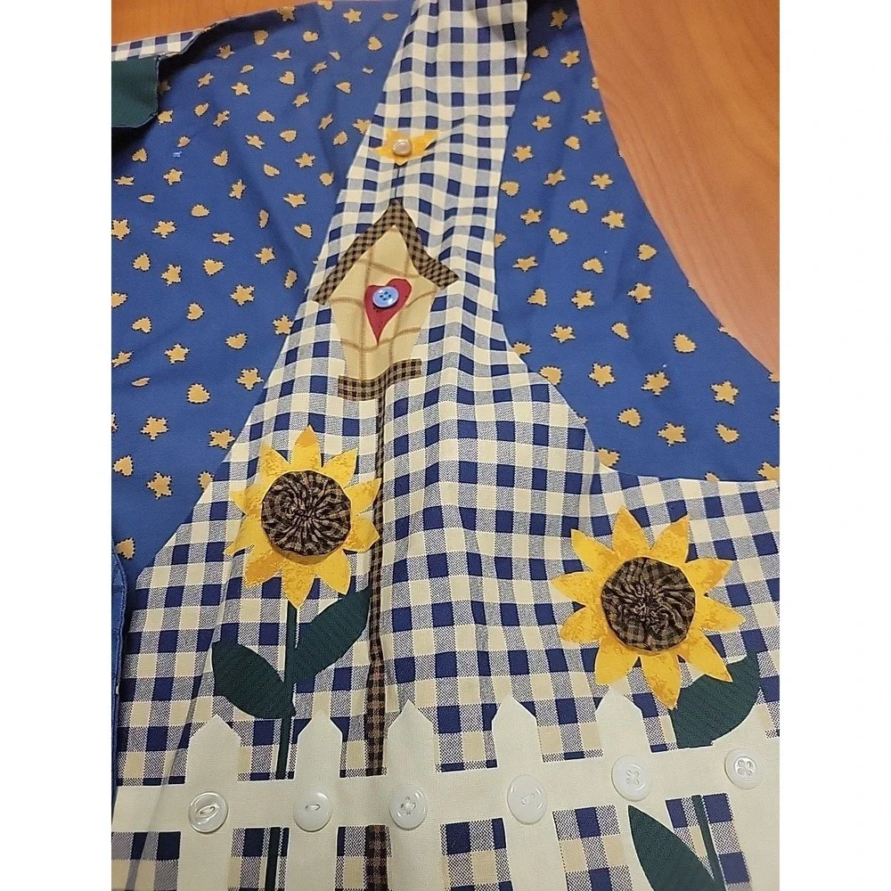 Vintage Cottagecore Patchwork Vest Sunflower Birdhouse Gingham Blue Artisan Sz L - Picture 3 of 12
